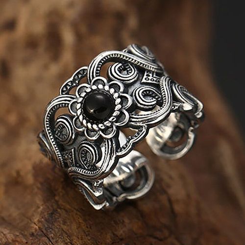 Bague Ouverte Originale En Agate Noire, Motif Ajouré, Bijou De Styliste Élégant En Argent Thaïlandais Pour Femmes
