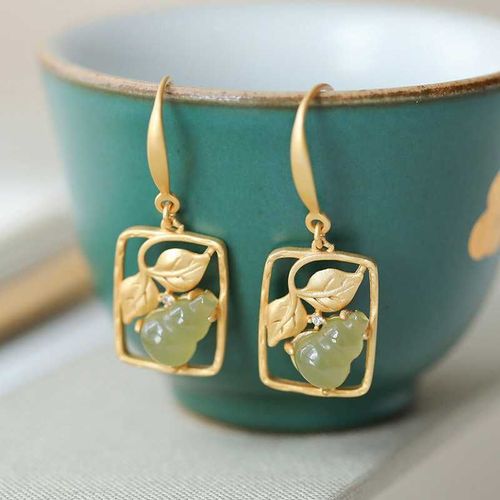Boucles D'oreilles En Argent Pour Femmes, Bijoux En Jaspe Hetian Naturel, Géométrique Plante, Style Chinois, Design De Niche Rétro, Marque