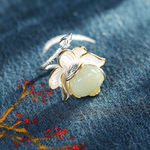 Bague En Jade Lotus Naturel Avec Argent Sterling S925, Bague En Or Rose, Bijoux De Marque, Pierre Naturelle
