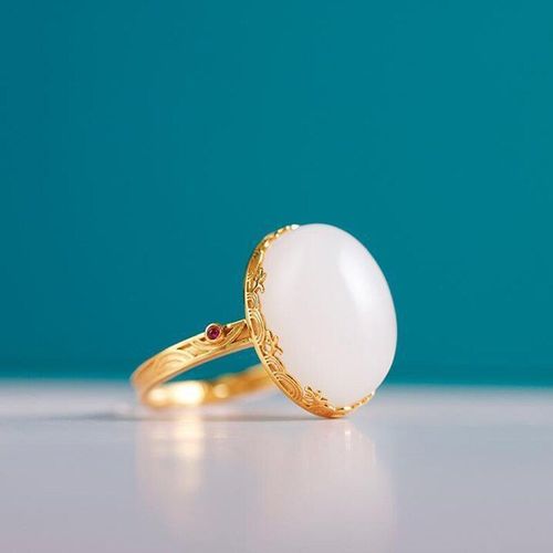 Bague De Styliste En Jade Hetian Naturel, Ovale, Ouverture Ajustable, Personnalité Rétro, Style Palais, Haut De Gamme, Bijoux Pour Femmes