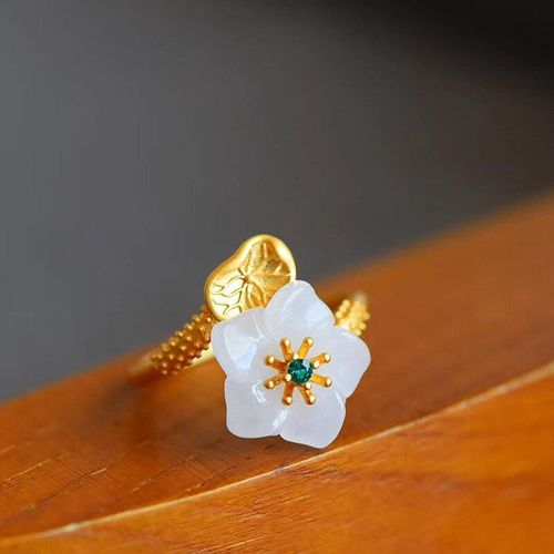 Bague En Jade Hétien Naturel Pour Femme, Bijou Original De Styliste, Méthode Ancienne, Or, Fleur, Ouverture Réglable, Luxe, Style Palais, Nouvelle Collection