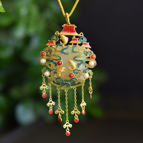 Collier En Perles De Jade Hetian Naturel Doré, Pendentif Géométrique, Carpe, Élégance Noble, Exquise, Style Chinois, Bijoux En Argent Pour Femmes