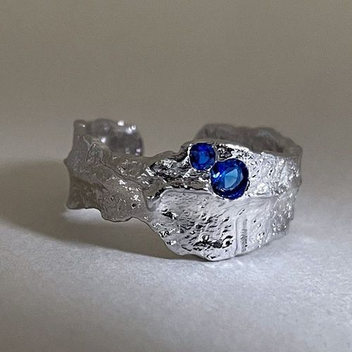 Bague En Argent Incrustée De Diamant Bleu, Texture De Lave, Géométrique, Ouverture Irrégulière, Bijoux De Tempérament Punk Réglable, Nouveau Design