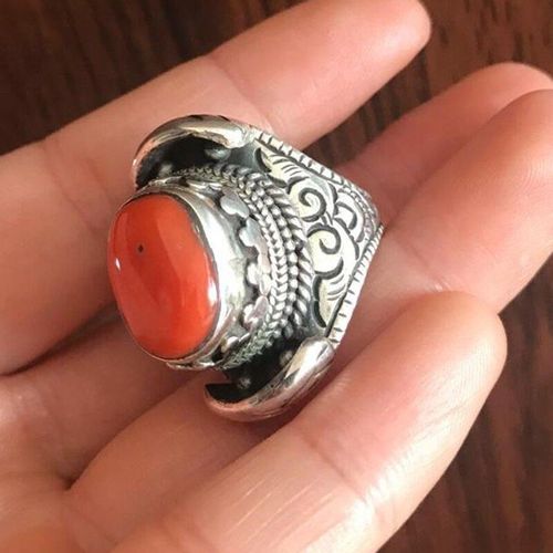 Bague Vintage En Argent Incrustée De Tourmaline Rouge Du Sud Ovale Convexe, Ouverture Réglable, Bijoux De Style Ethnique Pour Hommes Et Femmes