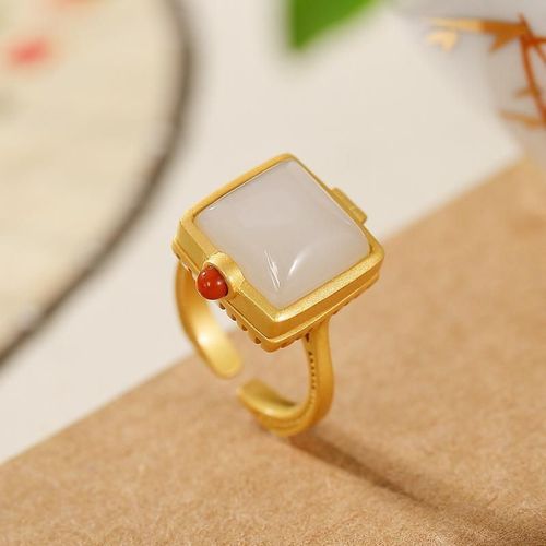 Anneau Géométrique En Argent Incrusté De Jade Naturel Hetian, Nouvelle Collection Originale De Styliste, Embellissement Carré Du Sud Rouge, Bague Réglable À Ouverture Simple