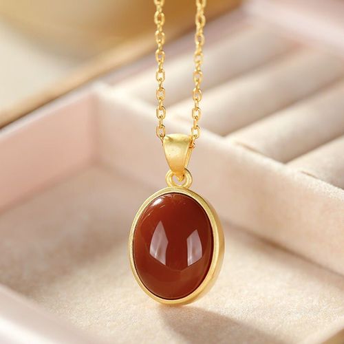 Collier À Pendentif Ovale Classique En Argent Incrusté, Rouge Du Sud Naturel, Style Chinois, Artisanat Rétro, Or Clair, Breloque De Luxe, Bijoux Pour Femmes