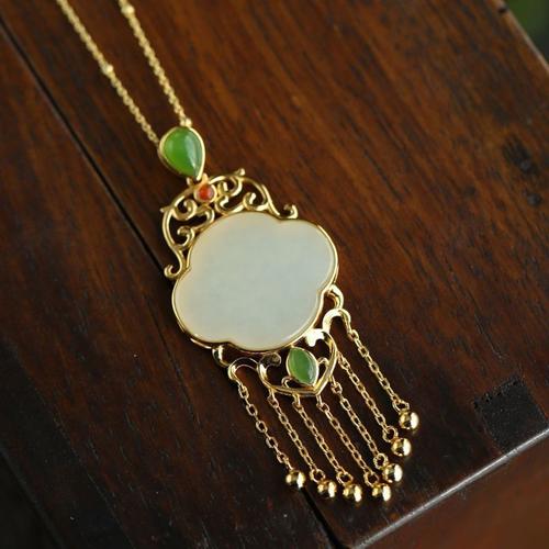 Collier Pendentif En Argent Incrusté De Jade Hétian Naturel, Pendentif Antique, Style Chinois Rétro, Pompon Doré Léger, Charme De Luxe, Bijoux Pour Femmes