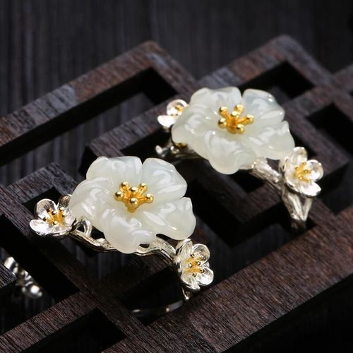 Boucles D'oreilles En Calcédoine Blanche Naturelle Hetian Pour Femmes, Bijoux De Marque, En Fleur De Cerisier, Style Chinois Rétro, Design De Niche