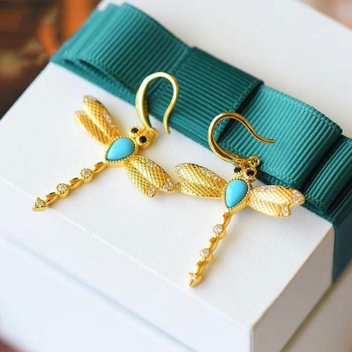 Crochet D'oreille Libellule Turquoise Pour Femmes, Style Chinois, Design Rétro, Unique, Charme Artisanal Doré, Cadeau De Noël Et D'halloween