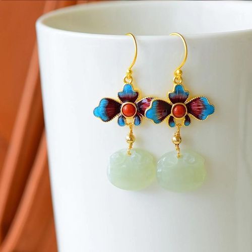 Boucles D'oreilles De Styliste En Porcelaine Émaillée, Bijoux En Argent Doré Naturel Hetian Jade Géométrique Rétro Exquis Pour Dames