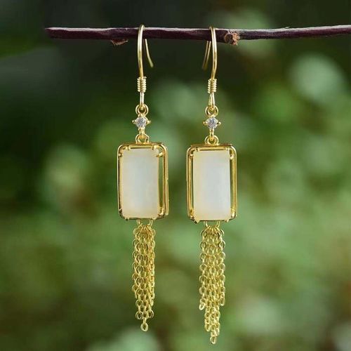 Boucles D'oreilles Longues À Pampilles En Jade Naturel, Géométrique, Style Chinois, Rétro, Léger, Élégant, Luxe, Cadeau De Noël Et D'halloween Pour Femmes
