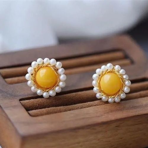 Boucles D'oreilles En Porcelaine Émaillée, Bijoux En Cire De Miel Jaune, Design Original, Rétro, Perle Créative, Style Chinois, Bijoux Élégants En Argent