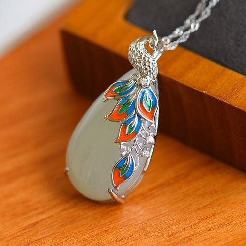 Collier En Porcelaine Émaillée Incrustée De Zircon Naturel Hetian Jade, Pendentif Ovale Paon, Exquis, Léger, Bijoux De Luxe Pour Femmes En Argent