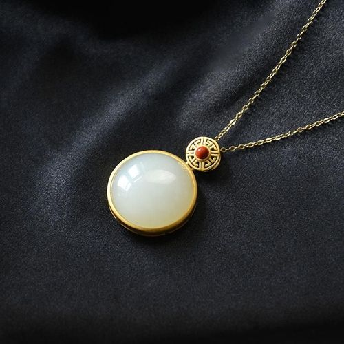 Pendentif En Jade Blanc Hétian Naturel, Collier Rond En Or Et Argent 18 Carats, Cadeau D'anniversaire Exquis