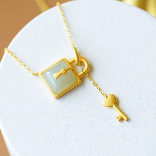 Collier Pendentif En Jade Naturel Hetian Avec Serrure Carrée, Style Chinois Rétro, Breloque Artisanale Unique En Or, Bijoux En Argent Pour Femmes