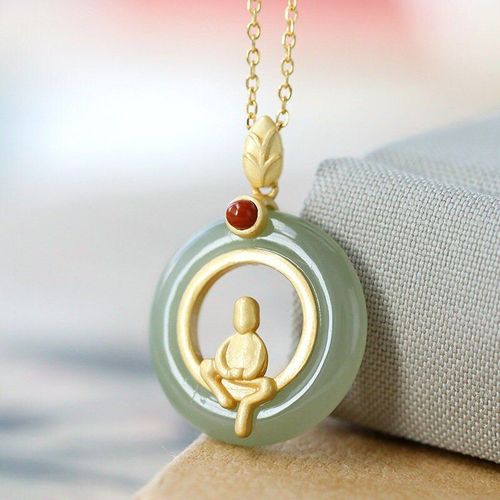 Collier En Argent Incrusté De Jaspe Naturel, Pendentif De Style Chinois Rétro Bouddha De Style National, Breloque Élégante De Marque, Bijoux Pour Femmes