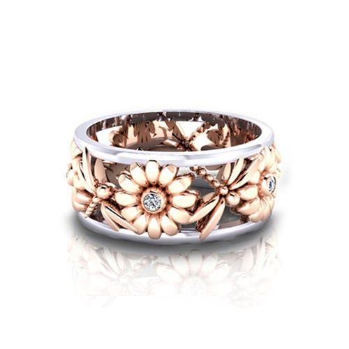 Bague De Tournesol En Acier Inoxydable Pour Femmes, Or Rose, Perceuse De Cristal Creuse, Libellule