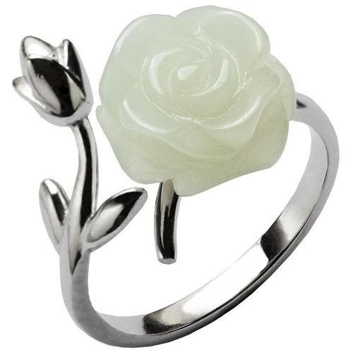 Bague En Argent Sterling, Jade Hétian Naturel, Ouverture Femelle Réglable, Fleur De Rose, Cadeau De Saint-Valentin