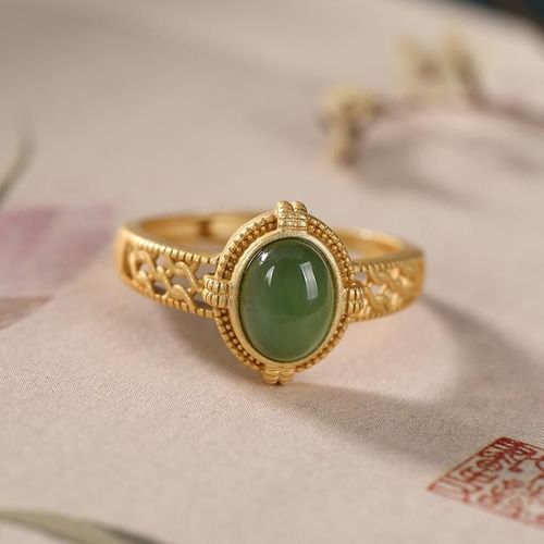 Bague Ovale En Argent Et Jaspe Naturel Pour Femme, Anneau Lumineux De Luxe, Processus D'évidement, Bijoux De Marque De Style Rétro Chinois, Noble Et Doré