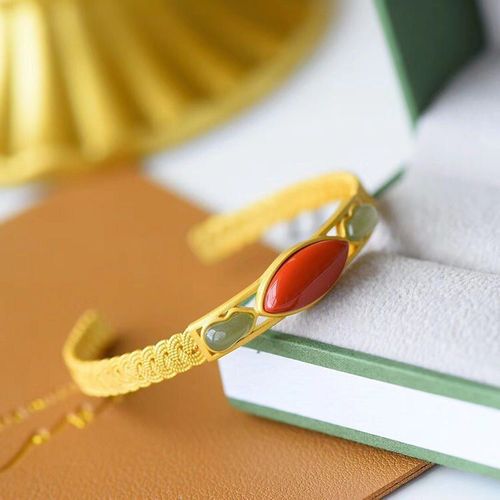 Bracelet Ouvert En Argent Sterling S925 Pour Femme, Vintage, Tissé, Torsadé, Incrusté Rouge Du Sud, Jade Naturel Hetian, Gris