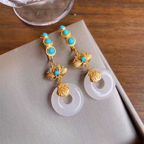 Boucles D'oreilles En Argent Turquoise Naturel Hetian Jade Blanc Plaqué Or, Boucles D'oreilles De Style National Chinois Rétro Charmant Bijoux Pour Femmes