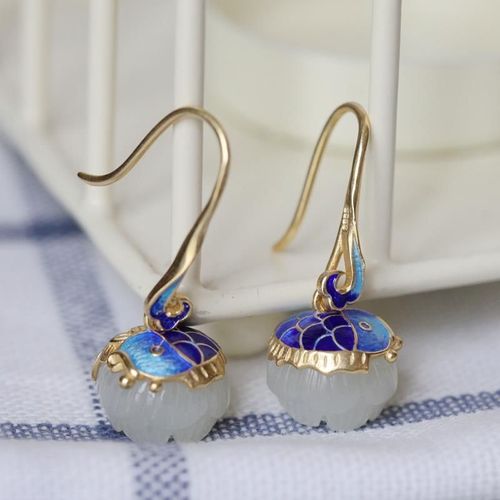 Boucles D'oreilles En Argent Pour Femmes, Bijoux En Jade Blanc Hetian Naturel, Carpe En Émail, Classique Chinois, Style National, Marque De Charme, Nouvelle Collection