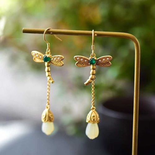 Bijoux Pour Femmes En Argent Incrusté Hotan Naturel Jade Blanc Orchidée Libellule, Longues Oreilles Style Chinois Antique, Charme Artisanal En Or