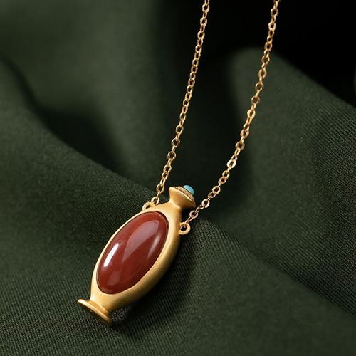Pendentif De Vase En Tourmaline Rouge Sud Naturel, Collier De Style Chinois Rétro Unique, Charme Artisanal Antique En Or, Ornements En Argent Pour Femmes