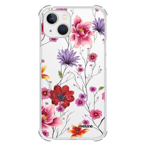 Coque Iphone 13 Mini Anti-Choc Souple Angles Renforcés Transparente Fleurs Multicolores Evetane.