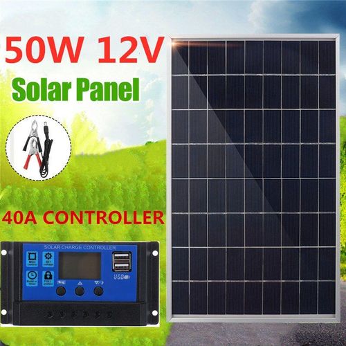 Panneau Solaire 50w 12v Usb + Chargeur Solaire 40a, Contrôleur Pour Batterie, Chargeur De Téléphone Portable Avec Clip De Batterie
