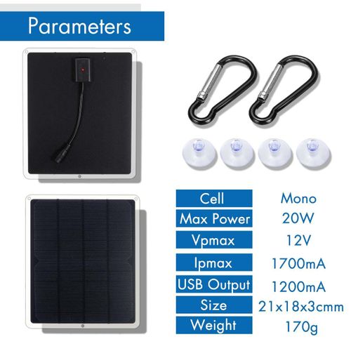 Panneau Solaire Portable 20w 12v, Étanche, Usb, Avec Chargeur De Voiture, Pour L'extérieur, Camping, Randonnée, Voyage