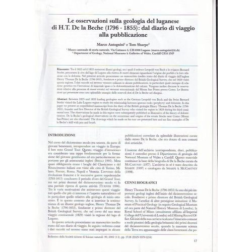Le Observazioni Sulla Geologia Del Luganese Di H. T. De La Beche (1796-1855): Dal Diaro Di Viaggio Alla Pubblicazione