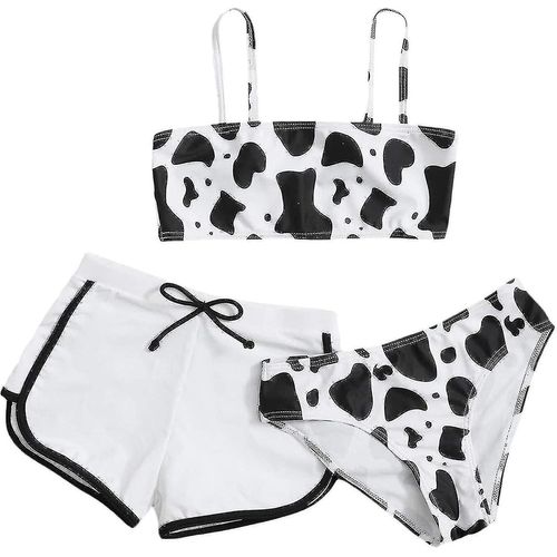 Maillots De Bain Filles 3 Pièces, Costume De Bain Bikini Imprimé Vache Avec Shorts