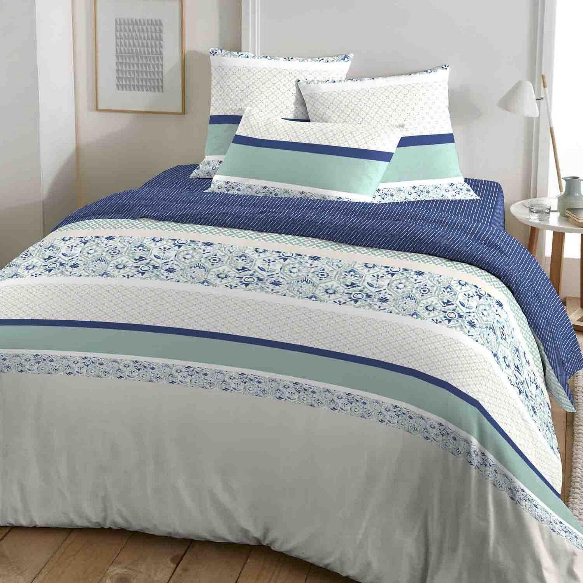 Housse de couette 220x240 + 2 taies d'oreiller 63x63 cm coton fissu blue  HOUSSE DE REVE Pas Cher 