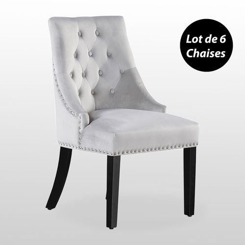 Windsor - Lot De 6 Chaises Capitonnées Grises En Velours - Style Classique & Design - Pieds En Bois - Salle À Manger, Salon Ou Coiffeuse