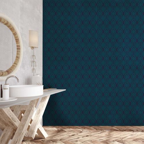 Papier peint art déco losange bleu turquoise 52x1000 cm