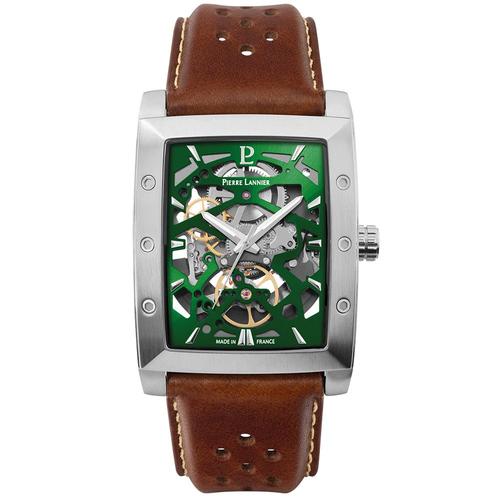 Montre Homme Hector Argenté Cadran Vert Bracelet Cuir Brun 26 Mm