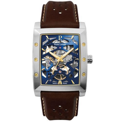 Montre Homme Hector Argenté Cadran Bleu Bracelet Cuir Brun 26 Mm