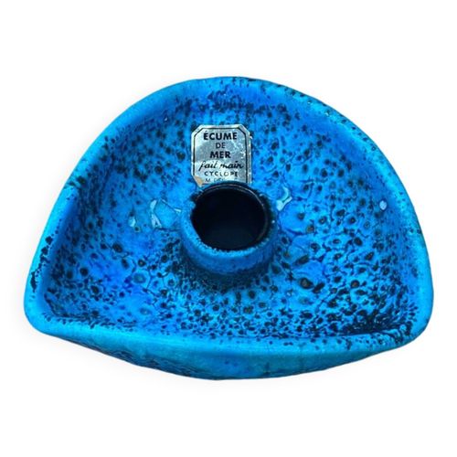 Ancien bougeoir cyclope cramique fat lava bleu turquoise vintage bleu