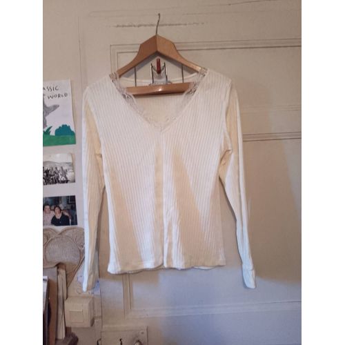 Pull Fin Blanc Col Dentelle 40 L Made In Italy Neuf.