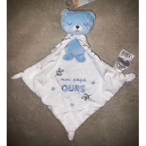 Doudou Ours Mon Papa Mots D¿Enfants Ourson Peluche Cape Mouchoir Blanc Feuilles Feuillages Jouet Bébé 