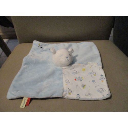 Doudou Plat Ours Bleu Et Blanc Sergent Major