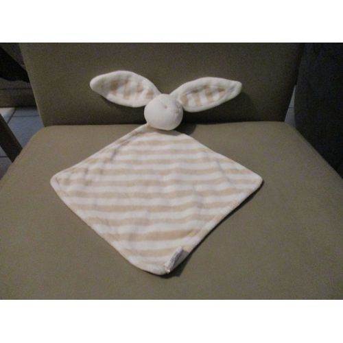 Doudou Plat Lapin Rayé Blanc Et Beige/Crème/Écru/Marron Sergent Major