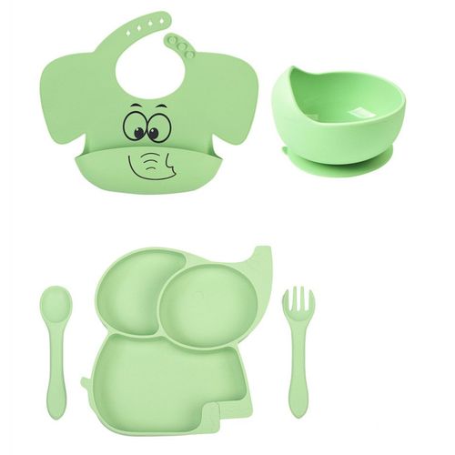 5pcs Assiette Bébé Set Repas Silicone,Antiderapante Bol À Ventouse Fourche Cuillère Bavoir Sans Bpa Enfant Set Couverts Vaisselle(Vert)