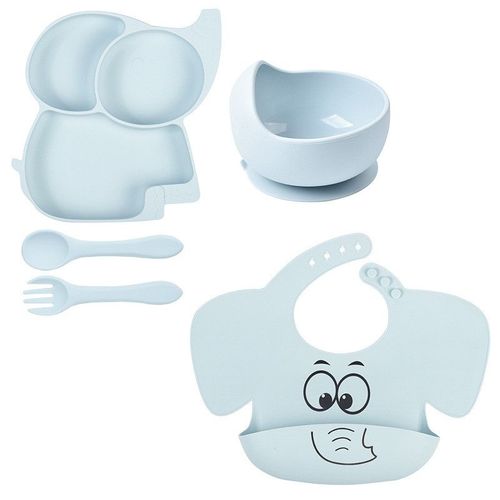 5pcs Assiette Bébé Set Repas Silicone,Antiderapante Bol À Ventouse Fourche Cuillère Bavoir Sans Bpa Enfant Set Couverts Vaisselle(Bleu)