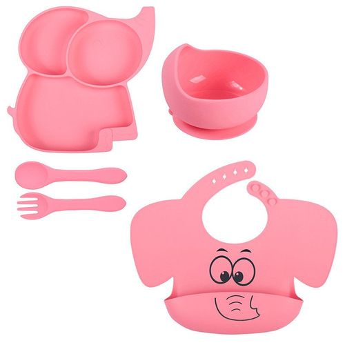 5pcs Assiette Bébé Set Repas Silicone,Antiderapante Bol À Ventouse Fourche Cuillère Bavoir Sans Bpa Enfant Set Couverts Vaisselle(Rose)