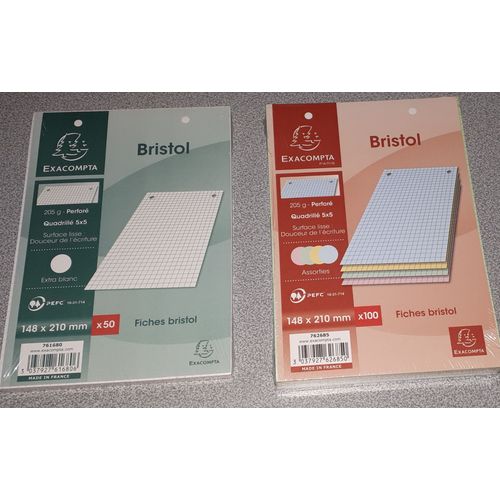 Lot De 150 Fiches Bristol Exacompta 205g Perforées 148x210mm - Quadrillé 5x5 - 100 Blanches + 20 Bleues + 20 Roses + 20 Jaunes + 20 Vertes - Rangées Dans 2 Packs Sous Cellophane
