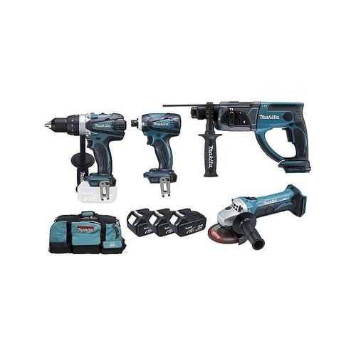 Ensemble de 4 machines MAKITA - 3 Batteries 18V Li-Ion 4.0 - Perceuse DDF458 + Meuleuse DTD152 + Perfo DHR202 + Visseuse DGA452 - DLX4054MX1