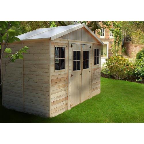 Abri De Jardin En Bois Naturel - Stockage Extérieur Avec Fenêtres- H246x418x220 Cm/8 M² Hangar En Bois Naturel - Atelier Rangement Outils Et Vélos- Timbela M332