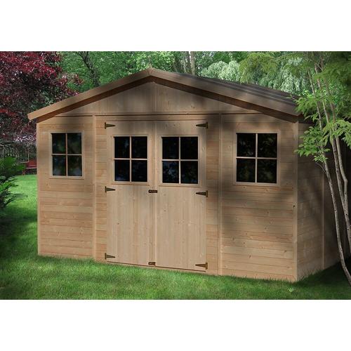 Abri De Jardin En Bois Naturel - Stockage Extérieur Avec Fenêtres- H246x418x318 Cm/12 M²- Hangar En Bois Naturel - Atelier Rangement Outils Et Vélos- Timbela M331